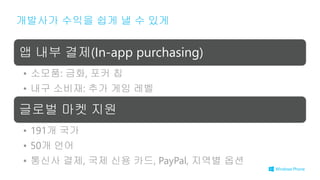 앱 내부 결제(In-app purchasing)
• 소모품: 금화, 포커 칩
• 내구 소비재: 추가 게임 레벨
글로벌 마켓 지원
• 191개 국가
• 50개 언어
• 통신사 결제, 국제 신용 카드, PayPal, 지역별 옵션
개발사가 수익을 쉽게 낼 수 있게
 