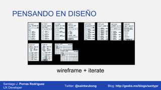 PENSANDO EN DISEÑO

wireframe + iterate
Santiago J. Porras Rodríguez
UX Developer

Twitter: @saintwukong

Blog: http://geeks.ms/blogs/santypr

 