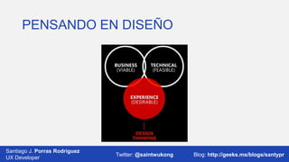 PENSANDO EN DISEÑO

Santiago J. Porras Rodríguez
UX Developer

Twitter: @saintwukong

Blog: http://geeks.ms/blogs/santypr

 
