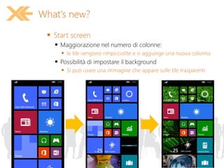  Start screen
 Maggiorazione nel numero di colonne:
 le tile vengono rimpicciolite e si aggiunge una nuova colonna
 Possibilità di impostare il background
 Si può usare una immagine che appare sulle tile trasparenti
What's new?
 