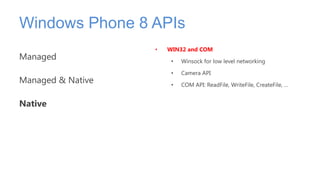 Windows Phone 8 APIs
                   •   WIN32 and COM
Managed                 •   Winsock for low level networking

  ...