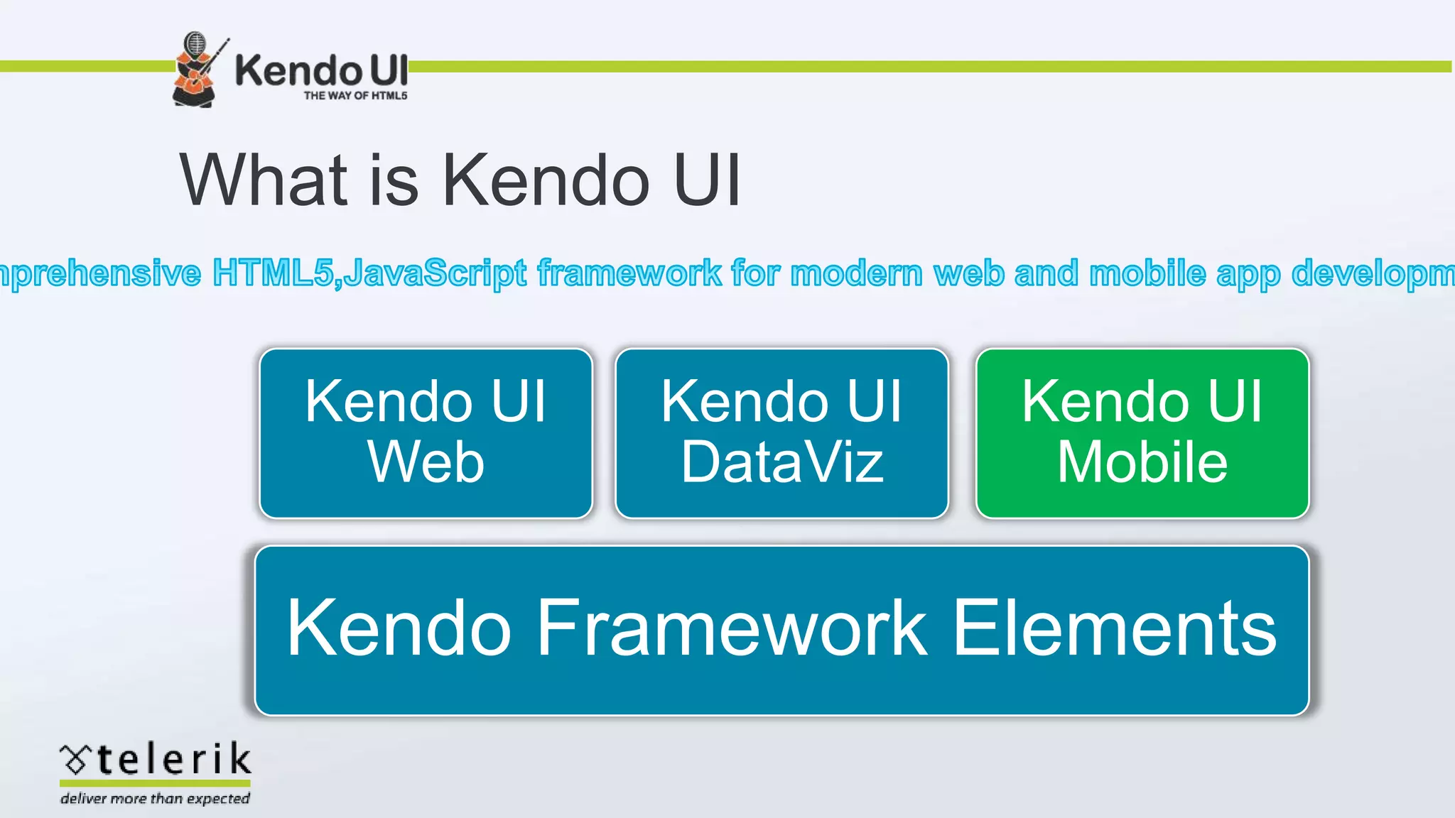 What is Kendo UI
Kendo Framework Elements
Kendo UI
Web
Kendo UI
DataViz
Kendo UI
Mobile
 
