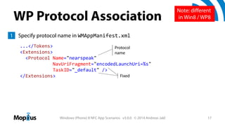 WP Protocol Association

Note: different
in Win8 / WP8

1 Specify protocol name in WMAppManifest.xml
...</Tokens>
Protocol
<Extensions>
name
<Protocol Name="nearspeak"
NavUriFragment="encodedLaunchUri=%s"
TaskID="_default" />
Fixed
</Extensions>

Windows (Phone) 8 NFC App Scenarios v3.0.0 © 2014 Andreas Jakl

17

 