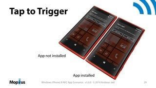 Tap to Trigger

App not installed

App installed
Windows (Phone) 8 NFC App Scenarios v3.0.0 © 2014 Andreas Jakl

29

 