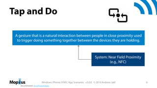 Tap and Do
A gesture that is a natural interaction between people in close proximity used
to trigger doing something together between the devices they are holding.

System: Near Field Proximity
(e.g., NFC)

Windows (Phone) 8 NFC App Scenarios v3.0.0 © 2014 Andreas Jakl
Documentation: bit.ly/ProximitySpec

6

 