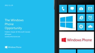 2012-11-29




The Windows
Phone
Opportunity
Frédéric Harper @ Microsoft Canada
@fharper
outofcomfortzone.net
 