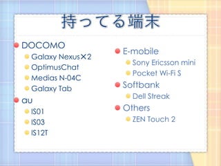 DOCOMO
                  E-mobile
 Galaxy Nexus✕2
                    Sony Ericsson mini
 OptimusChat
                    Pocket Wi-Fi S
 Medias N-04C
 Galaxy Tab       Softbank
                    Dell Streak
au
 IS01             Others
 IS03               ZEN Touch 2
 IS12T
 