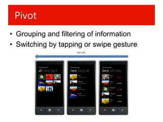 Pivot
• Grouping and filtering of information
• Switching by tapping or swipe gesture
 