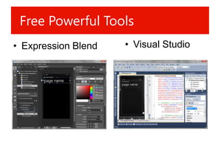 Free Powerful Tools
• Expression Blend   • Visual Studio
 