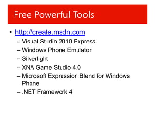 Free Powerful Tools
• http://create.msdn.com
  – Visual Studio 2010 Express
  – Windows Phone Emulator
  – Silverlight
  – XNA Game Studio 4.0
  – Microsoft Expression Blend for Windows
    Phone
  – .NET Framework 4
 