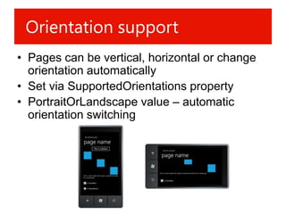 Orientation support
• Pages can be vertical, horizontal or change
  orientation automatically
• Set via SupportedOrientations property
• PortraitOrLandscape value – automatic
  orientation switching
 