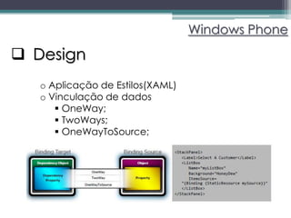 Windows Phone

 Design
   o Aplicação de Estilos(XAML)
   o Vinculação de dados
       OneWay;
       TwoWays;
       OneWayToSource;
 