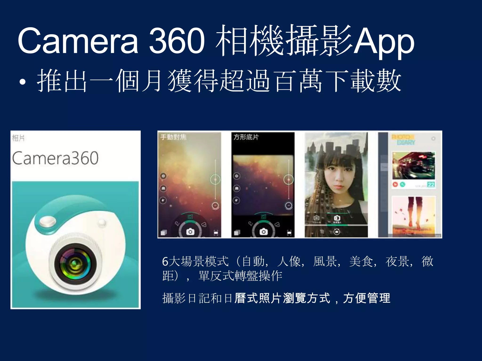 6大場景模式（自動，人像，風景，美食，夜景，微
距），單反式轉盤操作
攝影日記和日曆式照片瀏覽方式，方便管理

 
