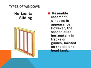 TYPES OF WINDOWS

Horizontal
Sliding

Resemble
casement
windows in
appearance .
However, the
sashes slide
horizontally in
tracks or
guides, located
on the sill and
head jamb.

 