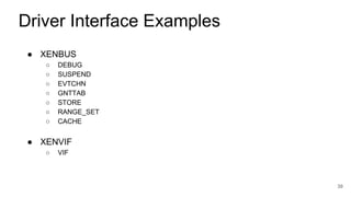 ● XENBUS
○ DEBUG
○ SUSPEND
○ EVTCHN
○ GNTTAB
○ STORE
○ RANGE_SET
○ CACHE
39
Driver Interface Examples
● XENVIF
○ VIF
 