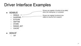 ● XENBUS
○ DEBUG
○ SUSPEND
○ EVTCHN
○ GNTTAB
○ STORE
○ RANGE_SET
○ CACHE
41
Driver Interface Examples
Drivers can register a function to be called
when Xen debug-key ‘q’ is pressed
Drivers can register functions to be
called on resume from suspend
● XENVIF
○ VIF
 
