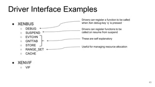 ● XENBUS
○ DEBUG
○ SUSPEND
○ EVTCHN
○ GNTTAB
○ STORE
○ RANGE_SET
○ CACHE
43
Driver Interface Examples
Drivers can register a function to be called
when Xen debug-key ‘q’ is pressed
Drivers can register functions to be
called on resume from suspend
These are self explanatory
● XENVIF
○ VIF
Useful for managing resource allocation
 