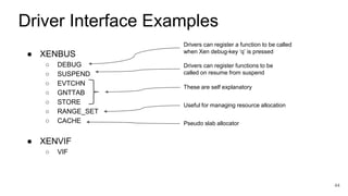 ● XENBUS
○ DEBUG
○ SUSPEND
○ EVTCHN
○ GNTTAB
○ STORE
○ RANGE_SET
○ CACHE
44
Driver Interface Examples
Drivers can register a function to be called
when Xen debug-key ‘q’ is pressed
Drivers can register functions to be
called on resume from suspend
These are self explanatory
● XENVIF
○ VIF
Useful for managing resource allocation
Pseudo slab allocator
 