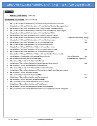 Oct 2016 ver 2.1 MalwareArchaeology.com Page 6 of 9
WINDOWS REGISTRY AUDITING CHEAT SHEET - Win 7/Win 2008 or later
CONFIGURE:
4. KEYS TO AUDIT - HKLM: continued
THIS KEY AND ALL SUBKEYS: (containerinherit)
 HKLMSoftwareMicrosoftWindowsCurrentVersionExplorerShellServiceObjects
 HKLMSoftwareMicrosoftWindowsCurrentVersionExplorerShellIconOverlayIdentifiers
 HKLMSoftwareMicrosoftWindowsCurrentVersionExplorerShellExecuteHooks
 HKLMSoftwareMicrosoftWindowsCurrentVersionExplorerBrowser Helper Objects
 HKLMSoftwareMicrosoftWindowsCurrentVersionExplorerTBDEn New
 HKLMSoftwareMicrosoftWindowsCurrentVersionGroup PolicyScripts
 HKLMSoftwareMicrosoftWindowsCurrentVersionPoliciesSystemAudit Audit Command Line log settings
 HKLMSoftwareMicrosoftWindowsCurrentVersionShell Extensions New
 HKLMSoftwareMicrosoftWindows NTCurrentVersionAeDebug New
 HKLMSoftwareMicrosoftWindows NTCurrentVersionDrivers32
 HKLMSoftwareMicrosoftWindows NTCurrentVersionFont Drivers
 HKLMSoftwareMicrosoftWindows NTCurrentVersionSystemRestore New
 HKLMSoftwareMicrosoftWindows NTCurrentVersionWinlogon
 HKLMSoftwareMicrosoftWindows NTCurrentVersionWindowsIconServiceLib
 HKLMSoftwarePoliciesMicrosoftWindowsSystemScripts Startup/Shutdown New
 HKLMSoftwarePoliciesMicrosoftPowerShell Audit PowerShell log settings
 HKLMSystemCurrentControlSetControlSafeBoot
 HKLMSystemCurrentControlSetControlSession ManagerEnvironment New
 HKLMSystemCurrentControlSetControlPrintMonitors
 HKLMSystemCurrentControlSetControlNetworkProviderOrder
 HKLMSystemCurrentControlSetControlTerminal ServerWdsrdpwdStartupPrograms
 HKLMSystemCurrentControlSetServices
 HKLMSystemCurrentControlSetservicesNTDS New
 HKLMSystemCurrentControlSetServicesRemoteAccess New
 HKLMSystemCurrentControlSetServicesWinSock2
 HKLMSystemCurrentControlSetControlSession Manager
 HKLMSystemCurrentControlSetControlPrintMonitors
 HKLMSystemCurrentControlSetControlNetworkProviderOrder
 HKLMSystemCurrentControlSetControlTerminal ServerWdsrdpwdStartupPrograms
 