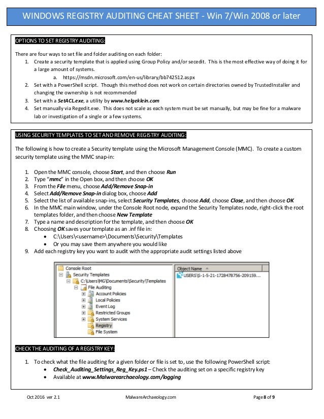 Windows Registry Auditing Cheat Sheet ver Oct 2016 - MalwareArchaeolo…