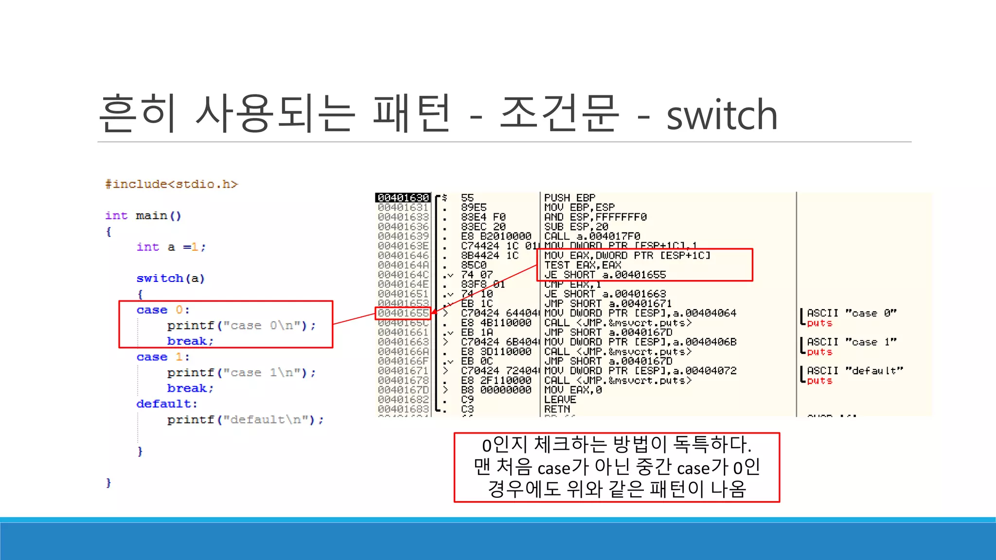 흔히 사용되는 패턴 - 조건문 - switch
0인지 체크하는 방법이 독특하다.
맨 처음 case가 아닌 중간 case가 0인
경우에도 위와 같은 패턴이 나옴
 