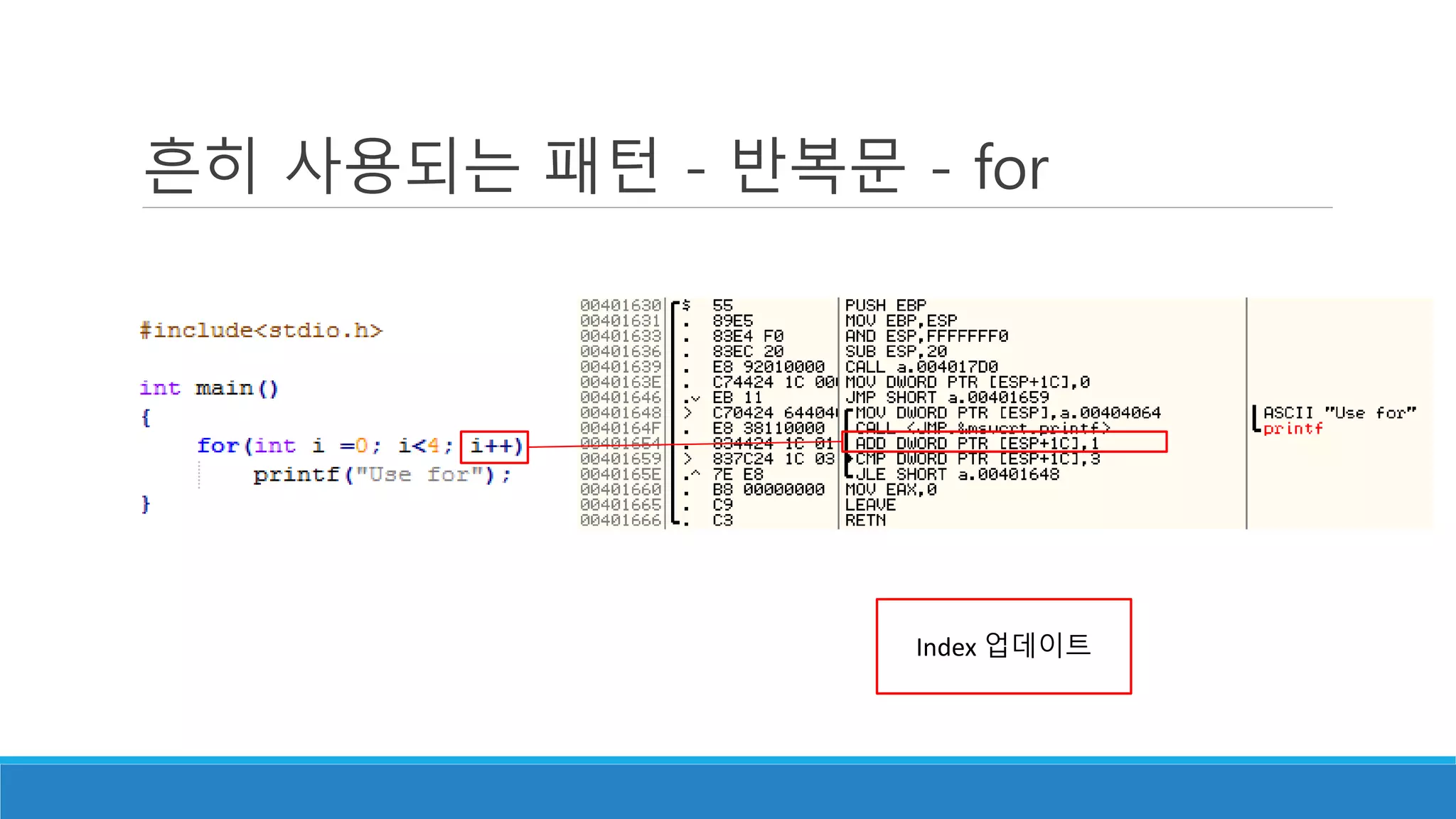 흔히 사용되는 패턴 - 반복문 - for
Index 업데이트
 