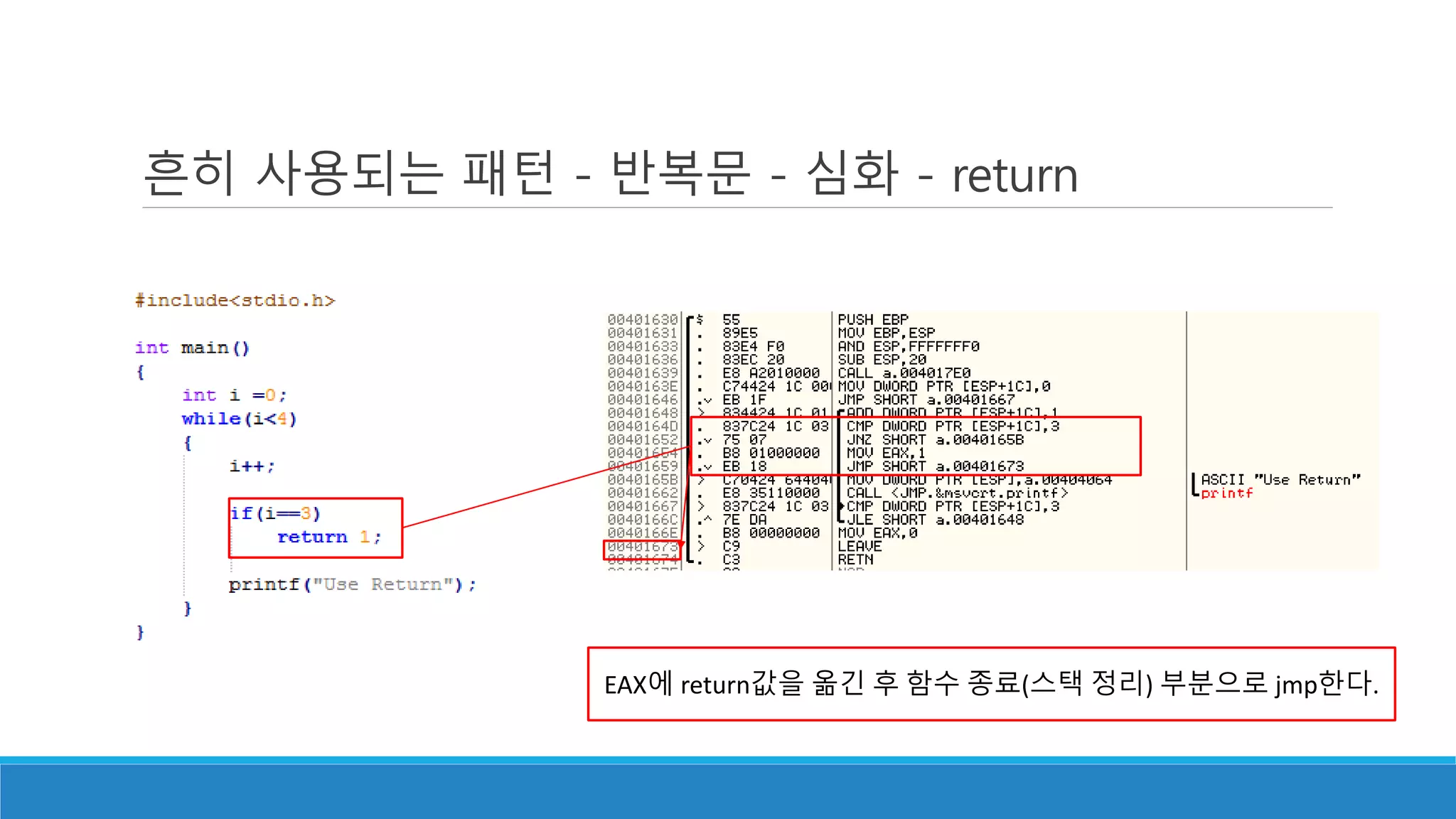 흔히 사용되는 패턴 - 반복문 - 심화 - return
EAX에 return값을 옮긴 후 함수 종료(스택 정리) 부분으로 jmp한다.
 