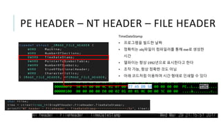 PE HEADER – NT HEADER – FILE HEADER
TimeDateStamp
• 프로그램을 빌드한 날짜
• 정확히는 obj파일이 컴파일러를 통해 exe로 생성한
시간
• 델파이는 항상 1992년으로 표시한다고 한다
• 조작 가능, 항상 정확한 것도 아님
• 아래 코드처럼 이용하여 시간 형태로 인쇄할 수 있다
 