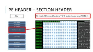 PE HEADER – SECTION HEADER
File Header의 NumberOfSections 수만큼 Section Header struct이 붙는다.
 