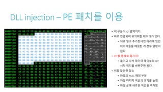 DLL injection – PE 패치를 이용
• 이 부분이 IDT영역이다.
• 바로 연결되어 유의미한 데이터가 있다.
• 뒤로 밀고 추가한다면 아래에 있던
데이터들을 매핑한 게 전부 엉망이
된다.
• IDT를 통째로 옮기자!
• 옮기고 나서 데이터 테이블의 IDT
시작 위치를 바꿔주면 된다.
• 이동 할만한 장소
• 파일의 NULL 패딩 부분
• 파일 마지막 섹션의 크기를 늘림
• 파일 끝에 새로운 섹션을 추가함
 
