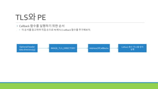 TLS와 PE
• Callback 함수를 실행하기 위한 순서
• 이 순서를 참고하며 직접 손으로 PE에TLS callback 함수를 추가해보자.
Optional header
data directory[9]
IMAGE_TLS_DIRECTORY AddressOfCallBacks
Callback 함수 주소를 얻어
실행
 