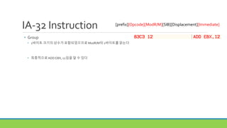 IA-32 Instruction
• Group
• 1바이트 크기의 상수가 포함되었으므로 ModR/M뒤 1바이트를 읽는다
• 최종적으로ADD EBX, 12임을 알 수 있다
[prefix][Opcode][ModR/M][SIB][Displacement][Immediate]
 