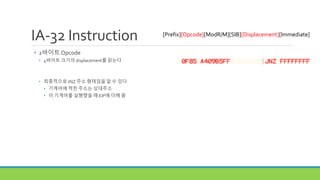 IA-32 Instruction
• 2바이트 Opcode
• 4바이트 크기의 displacement를 읽는다
• 최종적으로 JNZ 주소 형태임을 알 수 있다
• 기계어에 적힌 주소는 상대주소
• 이 기계어를 실행했을 때 EIP에 더해 줌
[Prefix][Opcode][ModR/M][SIB][Displacement][Immediate]
 