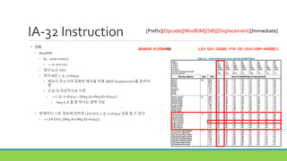 IA-32 Instruction
• SIB
• ModR/M
• 84 : 1000 0100(2)
• -> 10 000 100
• 앞의 Gv는 EAX
• 뒤의 M은 [--][--]+disp32
• 메모리 주소이며 정확한 해석을 위해 SIB와 Displacement를 읽어야
함
• 조금 더 직관적으로 쓰면
• -> [--][--]+disp32 = [(Reg.A)+(Reg.B)+disp32]
• Reg.A, B 둘 중 하나는 생략 가능
• 현재까지 나온 정보에 의하면 LEA EAX, [--][--]+disp32 임을 알 수 있다
• -> LEA EAX, [(Reg.A)+(Reg.B)+disp32]
[Prefix][Opcode][ModR/M][SIB][Displacement][Immediate]
 