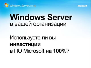 Используете ли вы
инвестиции
в ПО Microsoft на 100%?
Windows Server
в вашей организации
 