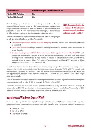 Versão anterior                       Pode atualizar para o Windows Server 2003?
 Windows 2000 Professional             Não
 Windows XP Professional               Não


Outra decisão que você deve tomar é se o servidor que está sendo instalado será
um controlador de domínio ou um servidor para prestar outros serviços, como           NOTA: Para maiores detalhes sobre
compartilhamento de arquivos, servidor Web, servidor de banco de dados e assim        a instalação do Active Directory,
por diante. No caso de você estar fazendo uma atualização, é provável que o           domínios e a criação de Controladores
servidor continue a excercer as funções que estava excercendo antes.                  de Domínio, consulte o Capítulo 2.
Também é recomendado que você reuna as informações sobre as configurações
de rede que serão utilizadas no servidor. Por exemplo:

    ◆   O servidor fará parte de um domínio ou de um Workgroup? (maiores detalhes sobre domínios e workgroups
        no Capítulo 2)
    ◆   Qual o nome do servidor? Sempre lembrando que não pode haver dois servidores com o mesmo nome, no
        mesmo domínio.
    ◆   Configurações do protocolo TCP/IP. Serão automáticas, obtidas a partir de um servidor DHCP? Ou serão
        configuradas manualmente. No caso de serem configuradas manualmente, você deve obter as seguintes
        informações com o administrador da rede: Número IP, máscara de sub-rede, número IP do Default Gateway,
        número IP de um ou mais servidores DNS, número IP de um ou mais servidores WINS (se existir servidores
        WINS na sua rede), nome de host e domínio DNS.

Eu também poderia iniciar uma discussão sobre o sistema de arquivos que deve ser utilizado na partição onde o
Windows Server 2003 será instalado. Estão disponíveis os sistemas de arquivo FAT32 e NTFS, os quais serão
detalhadamente esplicados no Capítulo 5. Porém são tantas as vantagens do sistema de arquivos NTFS, que nem
vale a pena discutir. Servidor com o Windows Server 2003? Utilize NTFS. No Capítulo 5 você verá o porquê
desta recomendação.

Antes de iniciar a instalação você também deve estar de posse do número de licença, o qual normalmente vem impresso
em uma etiqueta colada na caixa do CD de instalação do Windows Server 2003.

Levantadas as informações necessárias e feito o teste de compatibiliade, você já está pronto para fazer a instalação do
Windows Server 2003. No próximo item você acompanhará, passo-a-passo, a instalação do Windows Server 2003
Standard Edition em um novo computador, ou seja, uma instalação feita a partir do zero.



Instalando o Windows Server 2003
Neste item você acompanhará todas as etapas da instalação do Windows Server 2003 em um novo servidor. O computador
que estou utilizando, para este exemplo (e para a maioria dos exemplos deste livro), tem as seguintes características:

    ◆   Pentium de 1 GHz
    ◆   512 MB de RAM
    ◆   Disco Rígido de 20 GB




                                                         87                                  www.juliobattisti.com.br
 