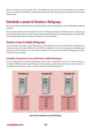 deverá ser reescrito e assim por diante. Mas é um trabalho que vale a pena, sob risco de chegar-se a um ambiente
caótico, com inúmeros de diretórios, ambiente este praticamente impossível de gerenciar ou gerenciável a um custo
muito elevado.



Entendendo o conceito de Diretórios e Workgroups.
Nesta item mostrarei as diferenças entre uma rede baseada no modelo de Workgroup e uma rede baseada no modelo de
diretórios.

Você entenderá porque uma rede baseada no conceito de Workgroup (Grupo de trabalho) somente é indicada para
redes muito pequenas, entre cinco e dez usuários. E porque para redes maiores seria praticamente impossível administrar
um modelo de redes baseado em Grupos de Trabalho ao invés de domínios.


Domínios e Grupos de Trabalho (Workgroups):
Um rede baseada no Windows Server 2003 pode ser criada utilizando-se dois conceitos diferentes, dependendo da
maneira com que os Servidores Windows Server 2003 são configurados. Os servidores podem ser configurados para
fazerem parte de um Domínio ou de um Grupo de Trabalho, mais comumente chamado de Workgroup, termo que
utilizarei de agora em diante.


Entendendo o funcionamento de uma rede baseada no modelo de Workgroups:
Em uma rede baseada no modelo de Workgroups cada servidor é independente do outro. Em outras palavras, os
servidores do Workgroup não compartilham uma lista de usuários, grupos e outras informações. Cada servidor tem a
sua própria lista de usuários e grupos, conforme indicado no diagrama da Figura 2.2:



                  Servidor 01                             Servidor 02                           Servidor 03




              Base de usuários 01:                     Base de usuários 02:                  Base de usuários 03:
                     jsilva                                   jsilva                                jsilva
                     maria                                    maria                                 maria
                     pedro                                   mauro                                 cassio
                     paulo                                     zeze                                 laura
                      zeze                                   mjose                                   zeze
                     mjose                                     ana                                 mjose
                      ana                                                                            ana




                                     Figura 2.2 Uma rede baseada no conceito de Workgroup.




www.juliobattisti.com.br                                     106
 