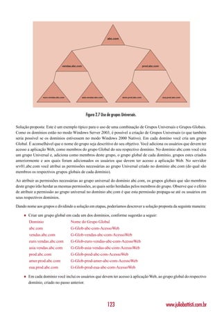 abc.com




                                  vendas.abc.com                                                       prod.abc.com




                  euro.vendas.abc.com              asia.vendas.abc.com             amer.prod.abc.com                  eua.prod.abc.com




                                                      Figura 2.7 Uso de grupos Universais.

Solução proposta: Este é um exemplo típico para o uso de uma combinação de Grupos Universais e Grupos Globais.
Como os domínios estão no modo Windows Server 2003, é possível a criação de Grupos Universais (o que também
seria possível se os domínios estivessem no modo Windows 2000 Nativo). Em cada domíno você cria um grupo
Global. É aconselhável que o nome do grupo seja descritivo do seu objetivo. Você adiciona os usuários que devem ter
acesso a aplicação Web, como membros do grupo Global do seu respectivo domínio. No domínio abc.com você cria
um grupo Universal e, adiciona como membros deste grupo, o grupo global de cada domínio, grupos estes criados
anteriormente e aos quais foram adicionados os usuários que devem ter acesso a aplicação Web. No servidor
srv01.abc.com você atribui as permissões necessárias ao grupo Universal criado no domínio abc.com (do qual são
membros os respectivos grupos globais de cada domínio).

Ao atribuir as permissões necessárias ao grupo universal do domínio abc.com, os grupos globais que são membros
deste grupo irão herdar as mesmas permissões, as quais serão herdadas pelos membros do grupo. Observe que o efeito
de atribuir a permissão ao grupo universal no domínio abc.com é que esta permissão propaga-se até os usuários em
seus respectivos domínios.

Dando nome aos grupos e dividindo a solução em etapas, poderíamos descrever a solução proposta da seguinte maneira:

    ♦   Criar um grupo global em cada um dos domínios, conforme sugestão a seguir:
        Domínio                         Nome do Grupo Global
        abc.com                         G-Glob-abc-com-AcessoWeb
        vendas.abc.com                  G-Glob-vendas-abc-com-AcessoWeb
        euro.vendas.abc.com             G-Glob-euro-vendas-abc-com-AcessoWeb
        asia.vendas.abc.com             G-Glob-asia-vendas-abc-com-AcessoWeb
        prod.abc.com                    G-Glob-prod-abc-com-AcessoWeb
        amer.prod.abc.com               G-Glob-prod-amer-abc-com-AcessoWeb
        eua.prod.abc.com                G-Glob-prod-eua-abc-com-AcessoWeb

    ♦   Em cada domínio você inclui os usuários que devem ter acesso à aplicação Web, ao grupo global do respectivo
        domínio, criado no passo anterior.




                                                                         123                                             www.juliobattisti.com.br
 