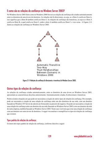 E como são as relações de confiança no Windows Server 2003?
No Windows Server 2003 (bem como no Windows 2000 Server) as relações de confiança são criadas automaticamente
entre os domínios de uma árvore de domínios. As relações são bi-direcionais, ou seja, se o Dom A confia no Dom A,
isso significa que o Dom B também confia no Dom A. As relações de confiança são transitivas, ou seja se o Dom A
confia no Dom B, o qual confia no Dom C, então o dom A também confia no Dom C e vice-versa. A Figura 2.11
ilustra as relações de confiança no Windows Server 2003.




                     Figura 2.11 Relações de confiança bi-direcionais e transitivas do Windows Server 2003.



Outros tipos de relações de confiança:
As relações de confiança criadas automaticamente, entre os domínios de uma árvore no Windows Server 2003,
apresentam as características descritas anteriormente: Automaticamente criadas, bi-direcionais e transitivas.

Porém existem situações em que pode ser necessária a criação de outros tipos de relações de confiança. Por exemplo,
pode ser necessária a criação de uma relação de confiança entre um dos domínios da sua rede, com um domínio
baseado no Windows NT Server da rede de um fornecedor ou parceiro de negócio. Ou pode ser necessária a criação de
uma relação de confiança entre um domínio da sua rede (baseado no Windows Server 2003) com um domínio da rede
de outra empresa, também baseado no Windows Server 2003. Neste caso você teria que criar uma relação de confiança
com um domínio em outra árvore de domínios. A seguir vou analisar e exemplificar os tipos de relações de confiança
que existem.


Tipos padrão de relações de confiança:
Existem dois tipos padrão de relação de confiança, conforme descrito a seguir:




                                                             129                                       www.juliobattisti.com.br
 
