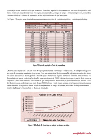 porém seja menos econômica do que uma outra. Com isso, a primeira impressora tem um custo de aquisição mais
baixo, porém um preço de impressão por página, mais elevado. Ao longo do tempo a primeira impressora, somando o
custo de aquisição e o custo de impressão, acaba sendo mais cara do que a segunda.

Na Figura 7.2 mostro uma simulação que demonstra os conceitos de custo de aquisição e custo de propriedade:




                                   Figura 7.2 Custo de aquisição x Custo de propriedade.

Observe que a Impressora1 tem um custo de aquisição menor em comparação à Impressora 2. Já a Impressora2 possui
um custo de impressão por página, bem menor. Com isso o custo total da Impressora2 é, inicialmente maior, devido ao
seu Custo de aquisição maior; porém a medida que o número de páginas impressas aumenta, esta diferença vai
diminuindo, até que o custo total se iguale, para um número de 30000 páginas impressas. A partir deste ponto, a
Imprssora2 passa a ter um custo Total menor do que a Impressora1. Nesta situação, se estimamos que, durante a vida
útil da impressora, serão impressas mais do que 30000 cópias, é mais barato a opção pela Impressora2, embora esta
tenha um custo de aquisição maior, o qual é compensado, ao longo do tempo, pelo custo de impressão menor. O
Gráfico da Figura 7.3 ilustra bem os dados da simulação.




                             Figura 7.3 Evolução do Custo total em relação ao número de cópias.



                                                           425                                    www.juliobattisti.com.br
 