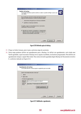 Figura 8.20 Definindo opções de Backup.

15. Clique no botão Avançar, para ir para a próxima etapa do assistente.
16. Nesta etapa podemos definir um agendamento para o Backup. Ao definir um agendamento, será criada uma
    Tarefa agendada, a qual executará o backup com as opções escolhidas, nos horários programados. Para definir um
    agendamento marque a opção Mais tarde. Para nome da tarefa agendada digite Backup de Documentos do drive
    C, conforme indicado na Figura 8.21:




                                        Figura 8.21 Habilitando o agendamento.




                                                        501                              www.juliobattisti.com.br
 
