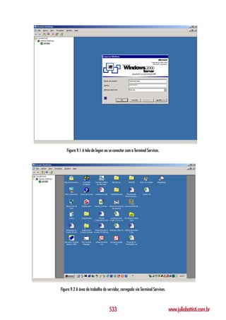 Figura 9.1 A tela de logon ao se conectar com o Terminal Services.




Figura 9.2 A área de trabalho do servidor, carregada via Terminal Services.



                                  533                                         www.juliobattisti.com.br
 