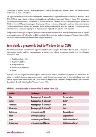 em arquivos na seguinte pasta: C:WINDOWSsystem32config. Supondo que o Windows Server 2003 esteja instalado
no drive C:, na pasta C:Windows.

Em seguida trataremos de dois tópicos importantes para a resolução de problemas de inicialização no Windows Server
2003. O Modo seguro é uma opção de inicialização, na qual podemos carregar o Windows Server 2003 apenas com
um número mínimo de drivers, necessários ao seu funcionamento. Podemos utilizar o Modo Seguro para inicializar o
Windows Server 2003 e desinstalar algum driver com problemas ou alterar configurações que foram feitas incorretamente
e estão impedindo a inicialização do Windows Server 2003 no modo normal. A opção Last Know Good Configuration
está relacionada com as configurações da Registry e será explicada em detalhes neste capítulo.

É importante salientar que os tópicos apresentados neste capítulo são valiosos, principalmente para quem dá suporte
a computadores com o Windows Server 2003 instalado. São tópicos que ajudam a restaurar o Windows Server 2003 a
um estado normal de funcionamento quando surgem problemas.



Entendendo o processo de boot do Windows Server 2003
Neste tópico mostrarei como funciona o processo de boot (inicialização) do Windows Server 2003. O processo de
boot começa quando você liga o computador e se encerra com o logon no sistema. Analisarei as cinco fases do
processo de boot:

     ◆    Seqüência de pré-boot
     ◆    Seqüência de boot
     ◆    Carga do kernel
     ◆    Inicialização do kernel
     ◆    logon

Para que cada fase do processo de boot possa acontecer com sucesso, determinados arquivos são necessários. Na
tabela 12.1 estão listados os arquivos necessários a cada fase do processo de boot. Systemroot indica a pasta onde
estão os arquivos do Windows Server 2003 estão instalado, por padrão é C:Windows, mas pode ser uma pasta diferente,
dependendo de onde foi instalado o Windows Server 2003.


Tabela 12.1 Arquivos utilizados no processo de boot do Windows Server 2003.

  Arquivo                           Localização                                Fase
  Ntldr                             Raiz da partição de sistema C:            Pré-boot e boot
  Boot.ini                          Raiz da partição de sistema C:            boot (*)
  Bootsect.dos                      Raiz da partição de sistema C:            boot
  Ntdetect.com                      Raiz da partição de sistema C:            boot
  Ntoskrnl.exe                      systemrootSystem32                        Carga do kernel.
  Hal.dll                           systemrootSystem32                        Carga do kernel
  System                            systemrootSystem32Config                 Inicialização do kernel
  Device drivers                    systemrootSystem32Drivers                Inicialização do kernel



www.juliobattisti.com.br                                    688
 