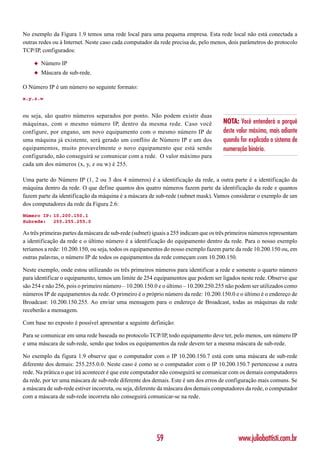 No exemplo da Figura 1.9 temos uma rede local para uma pequena empresa. Esta rede local não está conectada a
outras redes ou à Internet. Neste caso cada computador da rede precisa de, pelo menos, dois parâmetros do protocolo
TCP/IP, configurados:

    ◆   Número IP
    ◆   Máscara de sub-rede.

O Número IP é um número no seguinte formato:
x.y.z.w


ou seja, são quatro números separados por ponto. Não podem existir duas
máquinas, com o mesmo número IP, dentro da mesma rede. Caso você                      NOTA: Você entenderá o porquê
configure, por engano, um novo equipamento com o mesmo número IP de                   deste valor máximo, mais adiante
uma máquina já existente, será gerado um conflito de Número IP e um dos               quando for explicado o sistema de
equipamentos, muito provavelmente o novo equipamento que está sendo                   numeração binário.
configurado, não conseguirá se comunicar com a rede. O valor máximo para
cada um dos números (x, y, z ou w) é 255.

Uma parte do Número IP (1, 2 ou 3 dos 4 números) é a identificação da rede, a outra parte é a identificação da
máquina dentro da rede. O que define quantos dos quatro números fazem parte da identificação da rede e quantos
fazem parte da identificação da máquina é a máscara de sub-rede (subnet mask). Vamos considerar o exemplo de um
dos computadores da rede da Figura 2.6:
Número IP: 10.200.150.1
Subrede:   255.255.255.0

As três primeiras partes da máscara de sub-rede (subnet) iguais a 255 indicam que os três primeiros números representam
a identificação da rede e o último número é a identificação do equipamento dentro da rede. Para o nosso exemplo
teríamos a rede: 10.200.150, ou seja, todos os equipamentos do nosso exemplo fazem parte da rede 10.200.150 ou, em
outras palavras, o número IP de todos os equipamentos da rede começam com 10.200.150.

Neste exemplo, onde estou utilizando os três primeiros números para identificar a rede e somente o quarto número
para identificar o equipamento, temos um limite de 254 equipamentos que podem ser ligados neste rede. Observe que
são 254 e não 256, pois o primeiro número – 10.200.150.0 e o último – 10.200.250.255 não podem ser utilizados como
números IP de equipamentos da rede. O primeiro é o próprio número da rede: 10.200.150.0 e o último é o endereço de
Broadcast: 10.200.150.255. Ao enviar uma mensagem para o endereço de Broadcast, todas as máquinas da rede
receberão a mensagem.

Com base no exposto é possível apresentar a seguinte definição:

Para se comunicar em uma rede baseada no protocolo TCP/IP, todo equipamento deve ter, pelo menos, um número IP
e uma máscara de sub-rede, sendo que todos os equipamentos da rede devem ter a mesma máscara de sub-rede.

No exemplo da figura 1.9 observe que o computador com o IP 10.200.150.7 está com uma máscara de sub-rede
diferente dos demais: 255.255.0.0. Neste caso é como se o computador com o IP 10.200.150.7 pertencesse a outra
rede. Na prática o que irá acontecer é que este computador não conseguirá se comunicar com os demais computadores
da rede, por ter uma máscara de sub-rede diferente dos demais. Este é um dos erros de configuração mais comuns. Se
a máscara de sub-rede estiver incorreta, ou seja, diferente da máscara dos demais computadores da rede, o computador
com a máscara de sub-rede incorreta não conseguirá comunicar-se na rede.




                                                         59                                  www.juliobattisti.com.br
 