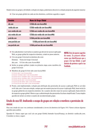 Dando nome aos grupos e dividindo a solução em etapas, poderíamos descrever a solução proposta da seguinte maneira:

    ◆   Criar um grupo global em cada um dos domínios, conforme sugestão a seguir:


  Domínio                         Nome do Grupo Global
  abc.com                         G-Glob-abc-com-AcessoWeb
  vendas.abc.com                  G-Glob-vendas-abc-com-AcessoWeb
  euro.vendas.abc.com             G-Glob-euro-vendas-abc-com-AcessoWeb
  asia.vendas.abc.com             G-Glob-asia-vendas-abc-com-AcessoWeb
  prod.abc.com                    G-Glob-prod-abc-com-AcessoWeb
  amer.prod.abc.com                    G-Glob-prod-amer-abc-com-AcessoWeb
  eua.prod.abc.com                G-Glob-prod-eua-abc-com-AcessoWeb


    ◆   Em cada domínio você inclui os usuários que devem ter acesso à aplicação
                                                                                     NOTA: Estas são apenas sugestões
        Web, ao grupo global do respectivo domínio, criado no passo anterior.
                                                                                     de nomes. Eu procurei utilizar
    ◆   Crio um grupo Universal no domínio abc.com:
                                                                                     nomes que identificassem que o
        Domínio      Nome do Grupo Universal
                                                                                     grupo é do tipo Global, a qual
        abc.com      G-Univ-abc-com-AcessoWeb
                                                                                     domínio ele pertence e qual a sua
    ◆   Incluo os grupos globais criados na primeira etapa como membros do
                                                                                     finalidade.
        grupo Universal:
    ◆   Membros do grupo G-Univ-abc-com-AcessoWeb:
        G-Glob-abc-com-AcessoWeb
        G-Glob-vendas-abc-com-AcessoWeb
        G-Glob-euro-vendas-abc-com-AcessoWeb
        G-Glob-asia-vendas-abc-com-AcessoWeb
        G-Glob-prod-abc-com-AcessoWeb
        G-Glob-prod-amer-abc-com-AcessoWeb
        G-Glob-prod-eua-abc-com-AcessoWeb
    ◆   Pronto, está implementada a solução para definição das permissões de acesso a aplicação Web no servidor
        srv01.abc.com. Com esta solução, sempre que um usuário precisar de acesso á aplicação Web, basta incluí-lo
        no grupo global do seu respectivo domínio. Se o usuário não deve mais ter acesso à aplicação, basta retirá-lo
        do respectivo grupo global. Observe que a administração das permissões fica bem simplificada. É uma simples
        questão de incluir ou retirar o usuário de um determinado grupo.


Estudo de caso 02: Analisando o escopo de grupos em relação a membros e permissões de
acesso:
Para este estudo de caso vou continuar considerando a árvore de domínios da Figura 14.8. Vamos colocar algumas
questões para análise:

Questão 01: Vamos supor que você crie um grupo Global chamado AcessoFinança, no domínio vendas.abc.com.
Considere os itens a seguir:




                                                        797                                 www.juliobattisti.com.br
 