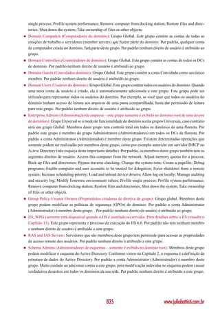 single process; Profile system performance; Remove computer from docking station; Restore files and direc-
    tories; Shut down the system; Take ownership of files or other objects.
◆   Domain Computers (Computadores do domínio): Grupo Global. Este grupo contém as contas de todas as
    estações de trabalho e servidores (member servers) que fazem parte do domínio. Por padrão, qualquer conta
    de computador criada no domínio, fará parte deste grupo. Por padrão nenhum direito de usuário é atribuído ao
    grupo.
◆   Domain Controllers (Controladores de domínio): Grupo Global. Este grupo contém as contas de todos os DCs
    do domínio. Por padrão nenhum direito de usuário é atribuído ao grupo.
◆   Domain Guests (Convidados domínio): Grupo Global. Este grupo contém a conta Convidado como seu único
    membro. Por padrão nenhum direito de usuário é atribuído ao grupo.
◆   Domain Users (Usuários do domínio): Grupo Global. Este grupo contém todos os usuários do domínio. Quando
    uma nova conta de usuário é criada, ela é automaticamente adicionada a este grupo. Este grupo pode ser
    utilizado para representar todos os usuários do domínio. Por exemplo, se você quer que todos os usuários do
    domínio tenham acesso de leitura aos arquivos de uma pasta compartilhada, basta dar permissão de leitura
    para este grupo. Por padrão nenhum direito de usuário é atribuído ao grupo.
◆   Enterprise Admins (Administração de empresa – este grupo somente é exibido no domínio root de uma árvore
    de domínios): Grupo Universal se o modo de funcionalidade do domínio aceita grupos Universais, caso contrário
    será um grupo Global. Membros deste grupo tem controle total em todos os domínios de uma floresta. Por
    padrão este grupo é membro do grupo Administrators (Administradores) em todos os DCs da floresta. Por
    padrão a conta Administrator (Administrador) é membro deste grupo. Existem determinadas operações que
    somente podem ser realizadas por membros deste grupo, como por exemplo autorizar um servidor DHCP no
    Active Directory (não esqueça deste importante detalhe). Por padrão, os membros deste grupo também tem os
    seguintes direitos de usuário: Access this computer from the network; Adjust memory quotas for a process;
    Back up files and directories; Bypass traverse checking; Change the system time; Create a pagefile; Debug
    programs; Enable computer and user accounts to be trusted for delegation; Force shutdown from a remote
    system; Increase scheduling priority; Load and unload device drivers; Allow log on locally; Manage auditing
    and security log; Modify firmware environment values; Profile single process; Profile system performance;
    Remove computer from docking station; Restore files and directories; Shut down the system; Take ownership
    of files or other objects.
◆   Group Policy Creator Owners (Proprietários criadores de diretiva de grupo): Grupo global. Membros deste
    grupo podem modificar as políticas de segurança (GPOs) do domínio. Por padrão a conta Administrator
    (Administrador) é membro deste grupo. . Por padrão nenhum direito de usuário é atribuído ao grupo.
◆   IIS_WPG (somente está disponível quando o IIS é instalado no servidor. Para detalhes sobre o IIS consulte o
    Capítulo 13). Este grupo representa o processo de execução do IIS 6.0. Por padrão não tem nenhum membro
    e nenhum direito de usuário é atribuído a este grupo.
◆   RAS and IAS Servers: Servidores que são membros deste grupo tem permissão para acessar as propriedades
    de acesso remoto dos usuários. Por padrão nenhum direito é atribuído a este grupo.
◆   Schema Admins (Administradores de esquemas – somente é exibido no domínio root): Membros deste grupo
    podem modificar o esquema do Active Directory. Conforme vimos no Capítulo 2, o esquema é a definição da
    estrutura de dados do Active Directory. Por padrão a conta Administrator (Administrador) é membro deste
    grupo. Muito cuidado ao adicionar contas a este grupo, pois modificação indevidas no esquema podem causar
    verdadeiros desastres em todos os domínios da sua rede. Por padrão nenhum direito é atribuído a este grupo.




                                                    835                                 www.juliobattisti.com.br
 
