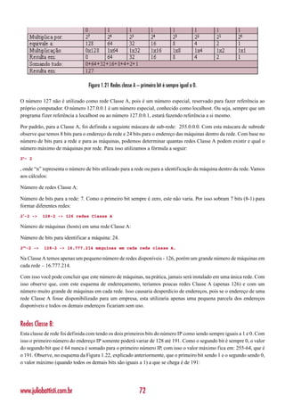 Figura 1.21 Redes classe A – primeiro bit é sempre igual a 0.

O número 127 não é utilizado como rede Classe A, pois é um número especial, reservado para fazer referência ao
próprio computador. O número 127.0.0.1 é um número especial, conhecido como localhost. Ou seja, sempre que um
programa fizer referência a localhost ou ao número 127.0.0.1, estará fazendo referência a si mesmo.

Por padrão, para a Classe A, foi definida a seguinte máscara de sub-rede: 255.0.0.0. Com esta máscara de subrede
observe que temos 8 bits para o endereço da rede e 24 bits para o endereço das máquinas dentro da rede. Com base no
número de bits para a rede e para as máquinas, podemos determinar quantas redes Classe A podem existir e qual o
número máximo de máquinas por rede. Para isso utilizamos a fórmula a seguir:
2n- 2

, onde “n” representa o número de bits utilizado para a rede ou para a identificação da máquina dentro da rede. Vamos
aos cálculos:

Número de redes Classe A:

Número de bits para a rede: 7. Como o primeiro bit sempre é zero, este não varia. Por isso sobram 7 bits (8-1) para
formar diferentes redes:
27-2 ->    128-2 -> 126 redes Classe A

Número de máquinas (hosts) em uma rede Classe A:

Número de bits para identificar a máquina: 24.
224-2 ->   128-2 -> 16.777.214 máquinas em cada rede classe A.

Na Classe A temos apenas um pequeno número de redes disponíveis - 126, porém um grande número de máquinas em
cada rede – 16.777.214.

Com isso você pode concluir que este número de máquinas, na prática, jamais será instalado em uma única rede. Com
isso observe que, com este esquema de endereçamento, teríamos poucas redes Classe A (apenas 126) e com um
número muito grande de máquinas em cada rede. Isso causaria desperdício de endereços, pois se o endereço de uma
rede Classe A fosse disponibilizado para um empresa, esta utilizaria apenas uma pequena parcela dos endereços
disponíveis e todos os demais endereços ficariam sem uso.


Redes Classe B:
Esta classe de rede foi definida com tendo os dois primeiros bits do número IP como sendo sempre iguais a 1 e 0. Com
isso o primeiro número do endereço IP somente poderá variar de 128 até 191. Como o segundo bit é sempre 0, o valor
do segundo bit que é 64 nunca é somado para o primeiro número IP, com isso o valor máximo fica em: 255-64, que é
o 191. Observe, no esquema da Figura 1.22, explicado anteriormente, que o primeiro bit sendo 1 e o segundo sendo 0,
o valor máximo (quando todos os demais bits são iguais a 1) a que se chega é de 191:




www.juliobattisti.com.br                                    72
 
