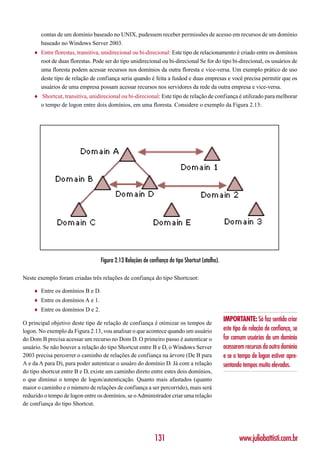 contas de um domínio baseado no UNIX, pudessem receber permissões de acesso em recursos de um domínio
        baseado no Windows Server 2003.
    ♦   Entre florestas, transitiva, unidirecional ou bi-direcional: Este tipo de relacionamento é criado entre os domínios
        root de duas florestas. Pode ser do tipo unidirecional ou bi-direcional Se for do tipo bi-direcional, os usuários de
        uma floresta podem acessar recursos nos domínios da outra floresta e vice-versa. Um exemplo prático de uso
        deste tipo de relação de confiança seria quando é feita a fusãod e duas empresas e você precisa permitir que os
        usuários de uma empresa possam acessar recursos nos servidores da rede da outra empresa e vice-versa.
    ♦   Shortcut, transitiva, unidirecional ou bi-direcional: Este tipo de relação de confiança é utilizado para melhorar
        o tempo de logon entre dois domínios, em uma floresta. Considere o exemplo da Figura 2.13:




                                   Figura 2.13 Relações de confiança do tipo Shortcut (atalho).

Neste exemplo foram criadas três relações de confiança do tipo Shortcuot:

    ♦   Entre os domínios B e D.
    ♦   Entre os domínios A e 1.
    ♦   Entre os domínios D e 2.
                                                                                                  IMPORTANTE: Só faz sentido criar
O principal objetivo deste tipo de relação de confiança é otimizar os tempos de
logon. No exemplo da Figura 2.13, vou analisar o que acontece quando um usuário                   este tipo de relação de confiança, se
do Dom B precisa acessar um recurso no Dom D. O primeiro passo é autenticar o                     for comum usuários de um domínio
usuário. Se não houver a relação do tipo Shortcut entre B e D, o Windows Server                   acessarem recursos do outro domínio
2003 precisa percorrer o caminho de relações de confiança na árvore (De B para                    e se o tempo de logon estiver apre-
A e da A para D), para poder autenticar o usuáro do domínio D. Já com a relação                   sentando tempos muito elevados.
do tipo shortcut entre B e D, existe um caminho direto entre estes dois domínios,
o que diminui o tempo de logon/autenticação. Quanto mais afastados (quanto
maior o caminho e o número de relações de confiança a ser percorrido), mais será
reduzido o tempo de logon entre os domínios, se o Administrador criar uma relação
de confiança do tipo Shortcut.




                                                              131                                         www.juliobattisti.com.br
 