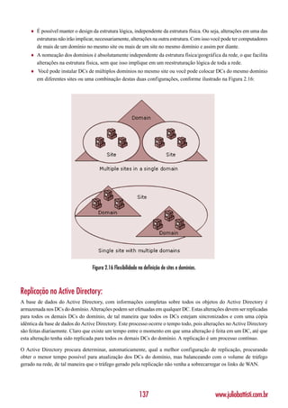 ♦   É possível manter o design da estrutura lógica, independente da estrutura física. Ou seja, alterações em uma das
        estruturas não irão implicar, necessariamente, alterações na outra estrutura. Com isso você pode ter computadores
        de mais de um domínio no mesmo site ou mais de um site no mesmo domínio e assim por diante.
    ♦   A nomeação dos domínios é absolutamente independente da estrutura física/geográfica da rede, o que facilita
        alterações na estrutura física, sem que isso implique em um reestruturação lógica de toda a rede.
    ♦   Você pode instalar DCs de múltiplos domínios no mesmo site ou você pode colocar DCs do mesmo domínio
        em diferentes sites ou uma combinação destas duas configurações, conforme ilustrado na Figura 2.16:




                                   Figura 2.16 Flexibilidade na definição de sites e domínios.



Replicação no Active Directory:
A base de dados do Active Directory, com informações completas sobre todos os objetos do Active Directory é
armazenada nos DCs do domínio. Alterações podem ser efetuadas em qualquer DC. Estas alterações devem ser replicadas
para todos os demais DCs do domínio, de tal maneira que todos os DCs estejam sincronizados e com uma cópia
idêntica da base de dados do Active Directory. Este processo ocorre o tempo todo, pois alterações no Active Directory
são feitas diariaemnte. Claro que existe um tempo entre o momento em que uma alteração é feita em um DC, até que
esta alteração tenha sido replicada para todos os demais DCs do domínio. A replicação é um processo contínuo.

O Active Directory procura determinar, automaticamente, qual a melhor configuração de replicação, procurando
obter o menor tempo possível para atualização dos DCs do domínio, mas balanceando com o volume de tráfego
gerado na rede, de tal maneira que o tráfego gerado pela replicação não venha a sobrecarregar os links de WAN.




                                                             137                                 www.juliobattisti.com.br
 