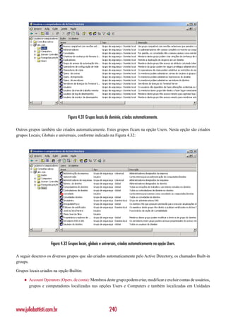 Figura 4.31 Grupos locais do domínio, criados automaticemente.

Outros grupos também são criados automaticamente. Estes grupos ficam na opção Users. Nesta opção são criados
grupos Locais, Globais e universais, conforme indicado na Figura 4.32:




                     Figura 4.32 Grupos locais, globais e universais, criados automaticemente na opção Users.

A seguir descrevo os diversos grupos que são criados automaticamente pelo Active Directory, os chamados Built-in
groups.

Grupos locais criados na opção Builtin:

    ◆   Account Operators (Opers. de conta): Membros deste grupo podem criar, modificar e excluir contas de usuários,
        grupos e computadores localizadas nas opções Users e Computers e também localizadas em Unidades




www.juliobattisti.com.br                                      240
 